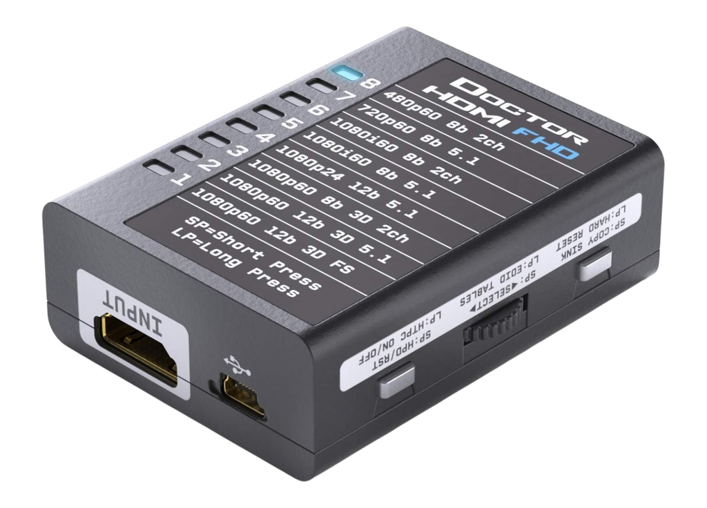 Utgångssidan på Dr HDMI 4K, med HDMI-utgången, RS232-jacket och knapparna copy sink och HPD
