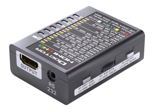 Dr HDMI 4K sedd från utgångssidan, med UHD-EDID-banktabellen tryckt på ovansidan