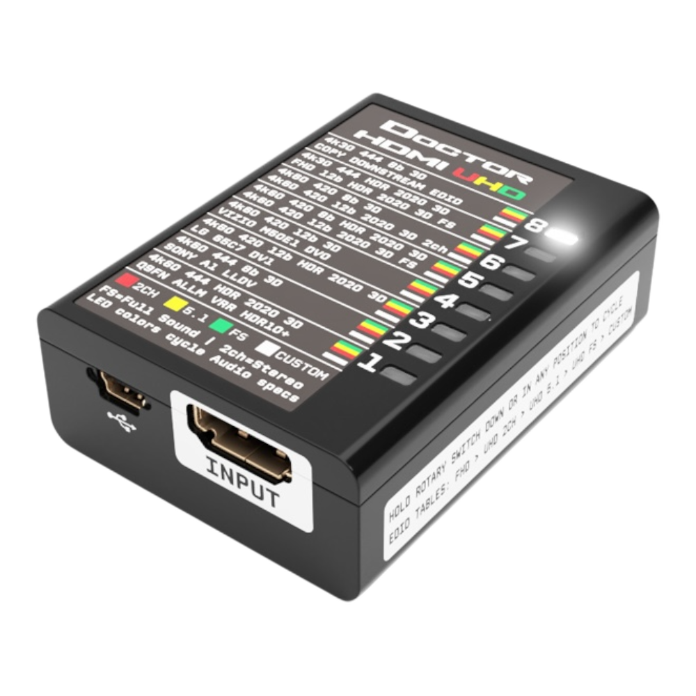 Ingångssidan på Dr HDMI 4K, med HDMI-ingången, mini-USB-porten och UHD-EDID-tabellen ovanpå