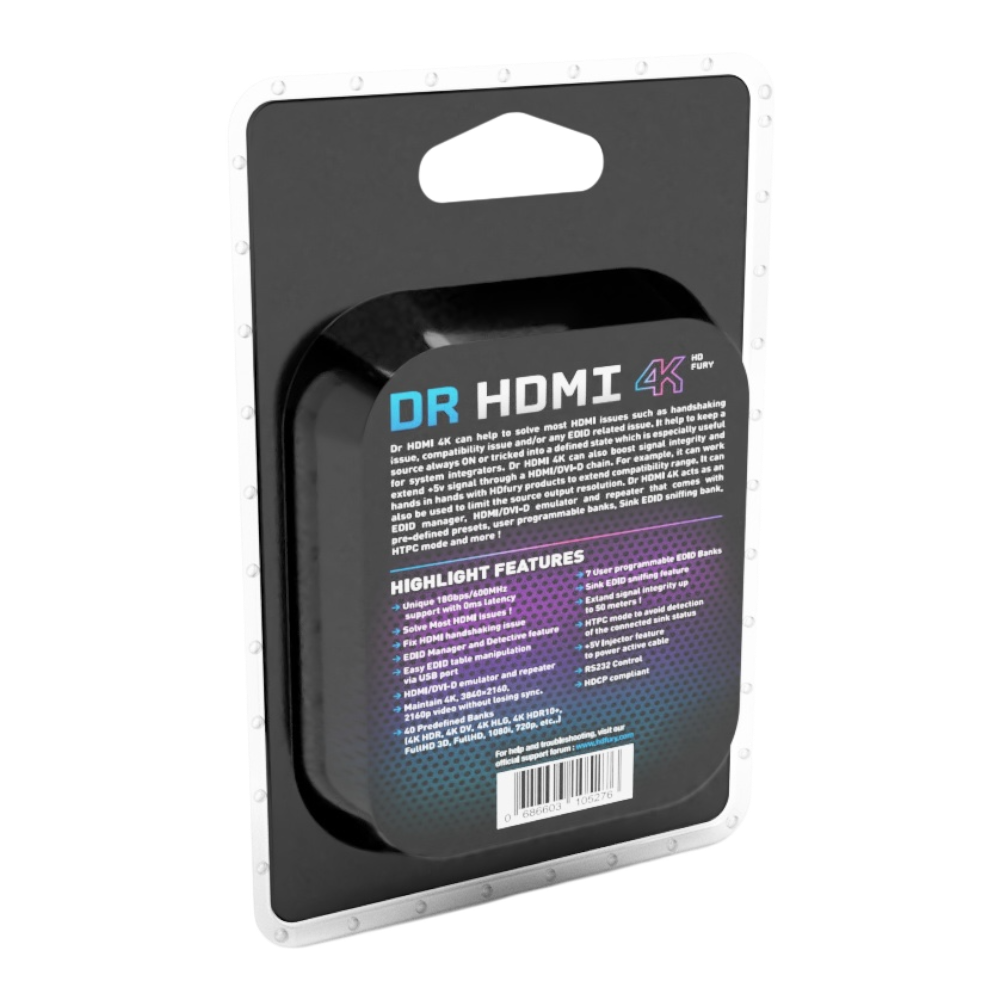 Dr HDMI 4K-förpackningen, baksidan, med specifikationerna