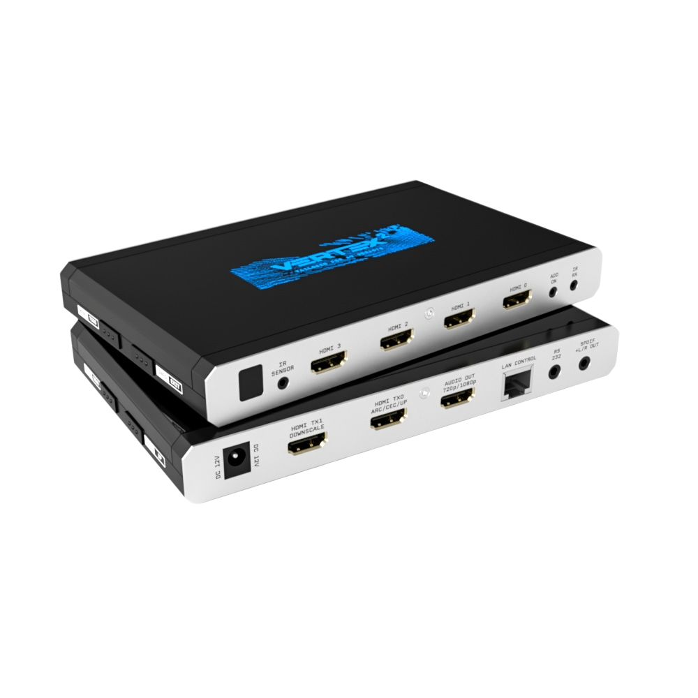 HDfury Vertex 2 4x2 HDMI-matris visad två gånger, staplad: de fyra HDMI-ingångarna överst och nedanför scalerutgångarna TX0 och TX1, ljudextraktorutgången, LAN, RS232 och S/PDIF