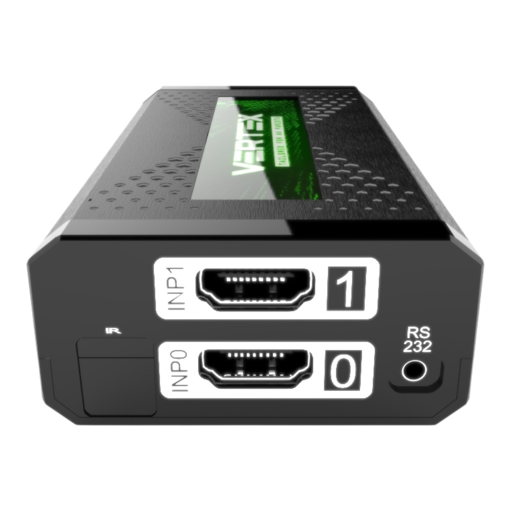 HDfury Vertex ingångssida: HDMI-ingångarna INP0 och INP1, IR-mottagare och RS232-port