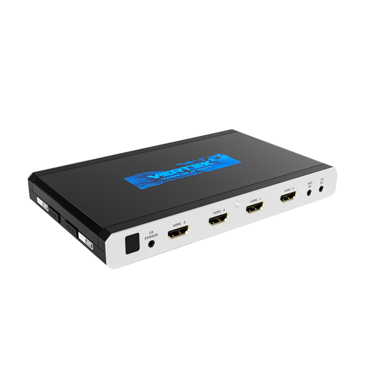 HDfury Vertex 2 4x2 HDMI-matris, splitter och scaler mot vit bakgrund, med de fyra 18Gbps HDMI-ingångarna och den blå Vertex 2-logotypen på locket