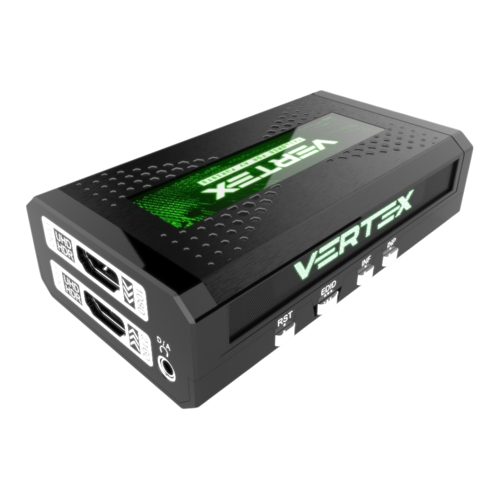 HDfury Vertex HDMI 2.0b-splitter och scaler: HDMI-utgångar, D/A-ljuduttag och reglagen RST, EDID, INF och INP