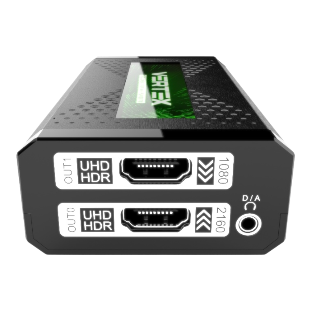 HDfury Vertex utgångssida: OUT1 UHD HDR med nedskalning till 1080p, OUT0 UHD HDR med uppskalning till 2160p, D/A-ljuduttag